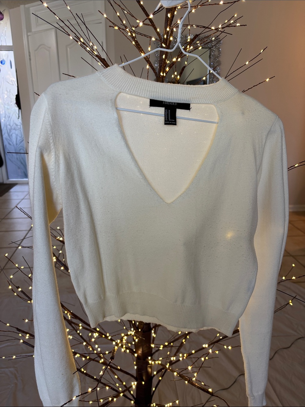 Ivory Sparkle V-Neck Crop Sweater - L